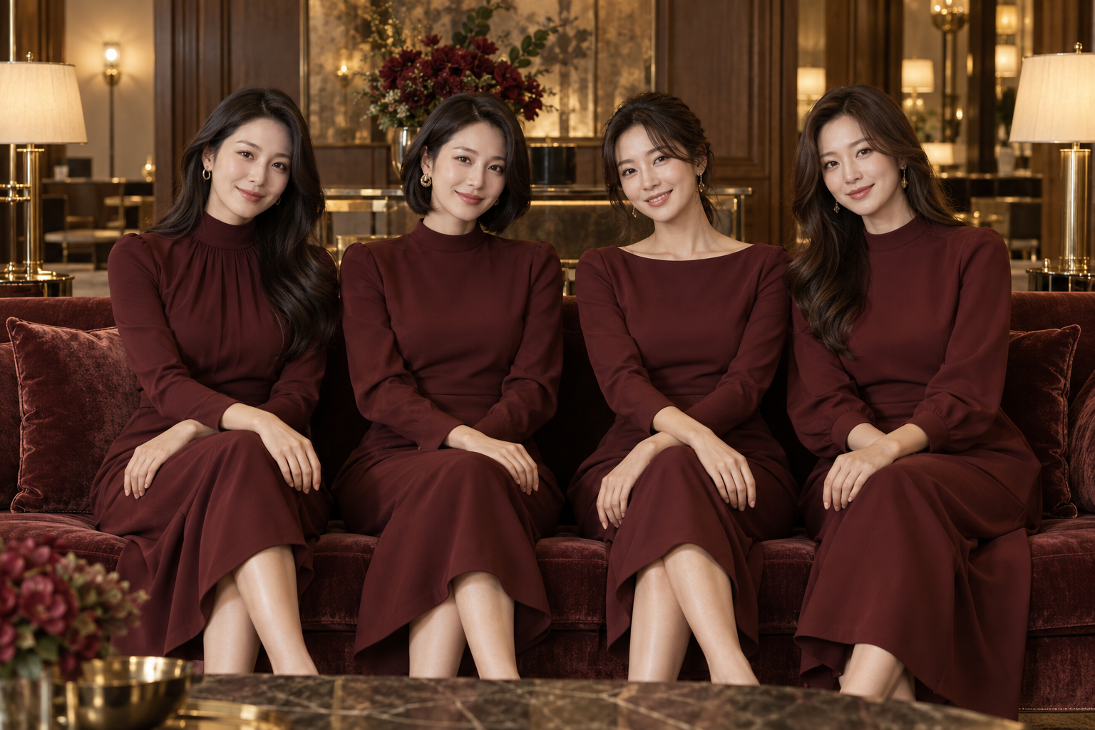 버건디와 골드 라운지에서 모임을 즐기는 여성 4명